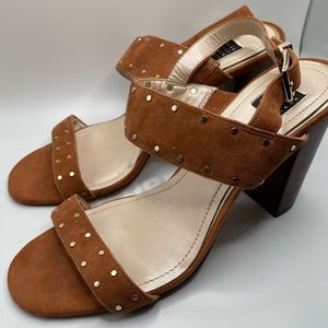 EUC White House Black Market suede heeled sandals. 8.5 Gold studs on amber suede